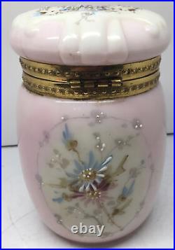 Antique HAND PAINTED WAVE CREST MILK GLASS HINGED TOBACCO CIGAR JAR HUMIDOR 6