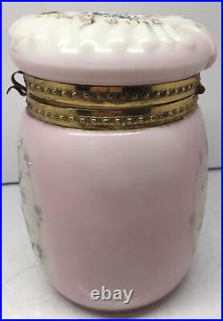 Antique HAND PAINTED WAVE CREST MILK GLASS HINGED TOBACCO CIGAR JAR HUMIDOR 6