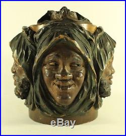 Antique Hand Carved Tobacco Wood Humidor Bearded & Arab Faces & Face Lid See Pic