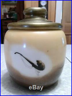 Antique Hand Painted Milk Glass Tobacco Jar with brass lid