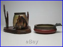 Antique Handel Lamp WARE Humidor Tobacco Jar Ashtray Pipe Stand Set Horse Glass