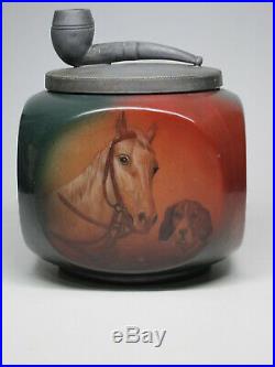 Antique Handel Lamp Ware Humidor Pipe Tobacco Jar White Horse Dog Hunting Beagle