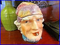 Antique Humidor head vase Majolica face painted jar Sherlock Holmes style