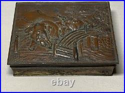 Antique Japanese Embossed Elephants Copper Plated Pewter Cigarette Box Humidor