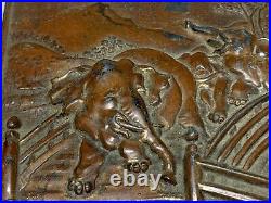 Antique Japanese Embossed Elephants Copper Plated Pewter Cigarette Box Humidor