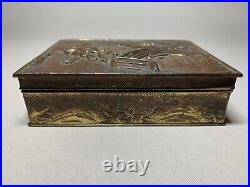 Antique Japanese Embossed Elephants Copper Plated Pewter Cigarette Box Humidor