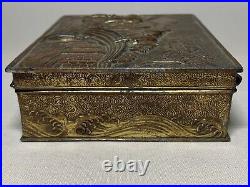 Antique Japanese Embossed Elephants Copper Plated Pewter Cigarette Box Humidor