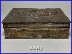 Antique Japanese Embossed Elephants Copper Plated Pewter Cigarette Box Humidor
