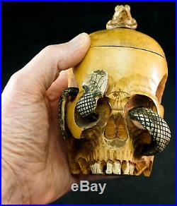 Antique Japanese Meiji Carved Wood Skull Snake tobacco humidor jar Memento Mori