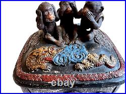 Antique Japanese Pottery Tobacco Humidor with3 Wise Monkeys Toshogu Shrine Dragons