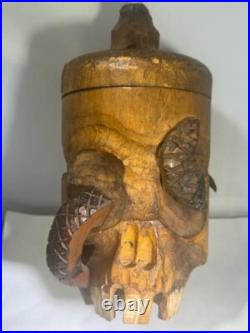 Antique Japanese Skull, Snake & Frog Tobacco Cigar Humidor Hand-carved Folk Art