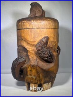 Antique Japanese Skull, Snake & Frog Tobacco Cigar Humidor Hand-carved Folk Art