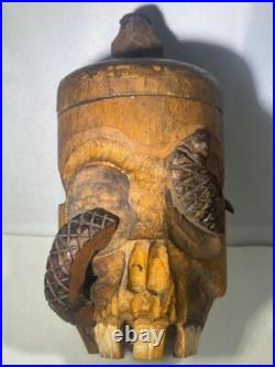 Antique Japanese Skull, Snake & Frog Tobacco Cigar Humidor Hand-carved Folk Art
