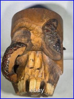 Antique Japanese Skull, Snake & Frog Tobacco Cigar Humidor Hand-carved Folk Art