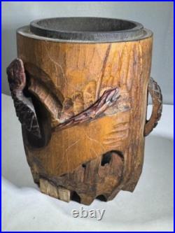 Antique Japanese Skull, Snake & Frog Tobacco Cigar Humidor Hand-carved Folk Art