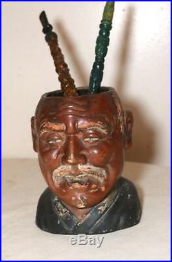 Antique Japanese figural terra-cotta pottery cigar holder pipe stand jar humidor