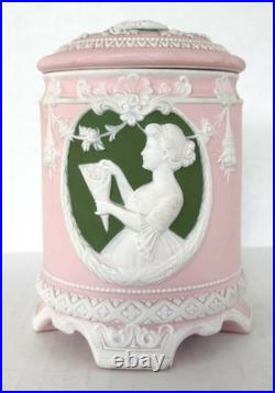 Antique Jasperware Humidor Tobacco Jar Pink with Green Cameo Schafer & Vater c1890 Antique Jasperware Humidor Tobacco Jar Pink with Green Cameo Schafer & Vater c1890
