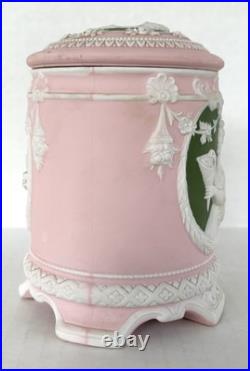 Antique Jasperware Humidor Tobacco Jar Pink with Green Cameo Schafer & Vater c1890 Antique Jasperware Humidor Tobacco Jar Pink with Green Cameo Schafer & Vater c1890
