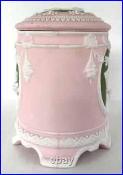 Antique Jasperware Humidor Tobacco Jar Pink with Green Cameo Schafer & Vater c1890 Antique Jasperware Humidor Tobacco Jar Pink with Green Cameo Schafer & Vater c1890