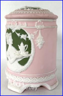 Antique Jasperware Humidor Tobacco Jar Pink with Green Cameo Schafer & Vater c1890 Antique Jasperware Humidor Tobacco Jar Pink with Green Cameo Schafer & Vater c1890