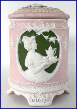 Antique Jasperware Humidor Tobacco Jar Pink with Green Cameo Schafer & Vater c1890 Antique Jasperware Humidor Tobacco Jar Pink with Green Cameo Schafer & Vater c1890