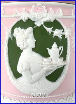 Antique Jasperware Humidor Tobacco Jar Pink with Green Cameo Schafer & Vater c1890 Antique Jasperware Humidor Tobacco Jar Pink with Green Cameo Schafer & Vater c1890