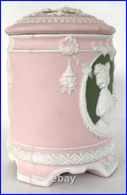 Antique Jasperware Humidor Tobacco Jar Pink with Green Cameo Schafer & Vater c1890 Antique Jasperware Humidor Tobacco Jar Pink with Green Cameo Schafer & Vater c1890