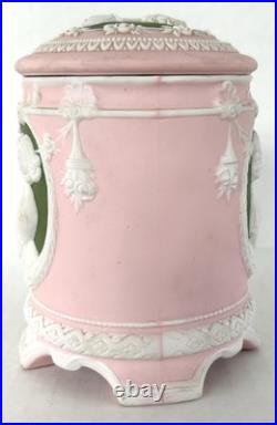 Antique Jasperware Humidor Tobacco Jar Pink with Green Cameo Schafer & Vater c1890 Antique Jasperware Humidor Tobacco Jar Pink with Green Cameo Schafer & Vater c1890