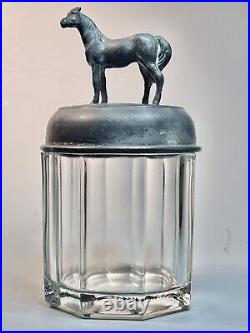 Antique Lidded Glass Tobacco Jar, Cigar, Humidor w Elegant Horse Finial