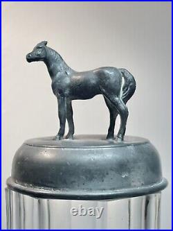 Antique Lidded Glass Tobacco Jar, Cigar, Humidor w Elegant Horse Finial