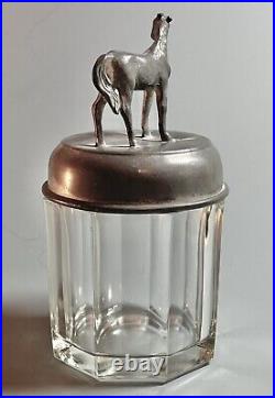 Antique Lidded Glass Tobacco Jar, Cigar, Humidor w Elegant Horse Finial