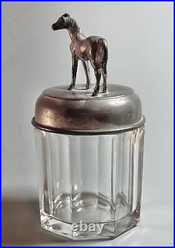 Antique Lidded Glass Tobacco Jar, Cigar, Humidor w Elegant Horse Finial