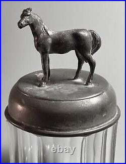 Antique Lidded Glass Tobacco Jar, Cigar, Humidor w Elegant Horse Finial