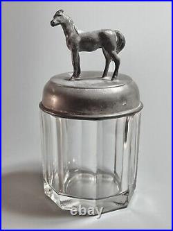 Antique Lidded Glass Tobacco Jar, Cigar, Humidor w Elegant Horse Finial