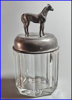 Antique Lidded Glass Tobacco Jar, Cigar, Humidor w Elegant Horse Finial