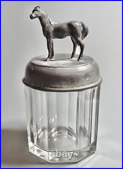 Antique Lidded Glass Tobacco Jar, Cigar, Humidor w Elegant Horse Finial