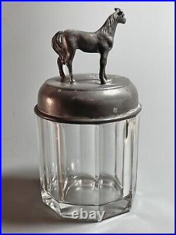 Antique Lidded Glass Tobacco Jar, Cigar, Humidor w Elegant Horse Finial