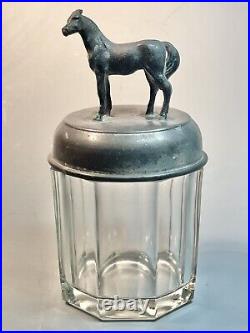 Antique Lidded Glass Tobacco Jar, Cigar, Humidor w Elegant Horse Finial