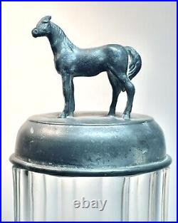 Antique Lidded Glass Tobacco Jar, Cigar, Humidor w Elegant Horse Finial