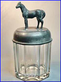 Antique Lidded Glass Tobacco Jar, Cigar, Humidor w Elegant Horse Finial