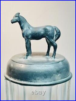 Antique Lidded Glass Tobacco Jar, Cigar, Humidor w Elegant Horse Finial