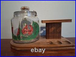 Antique Lucky Strike Glass Tobacco Humidor Jar With Pipe Stand Used Condition