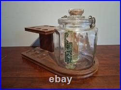 Antique Lucky Strike Glass Tobacco Humidor Jar With Pipe Stand Used Condition