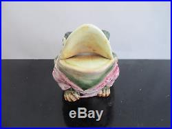 Antique MAJOLICA Frog in Pink Jacket Tobacco Humidor Jar withLid