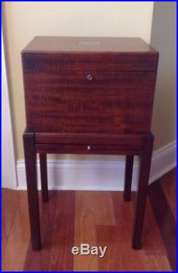 Antique Mahogany Cigar Humidor On Stand Slide Out Shelf Brass Hardware Handles