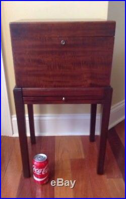 Antique Mahogany Cigar Humidor On Stand Slide Out Shelf Brass Hardware Handles