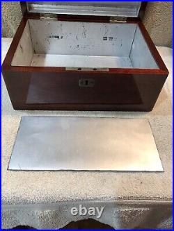 Antique Mahogany Wooden Metal Lined Humidor Box With Key