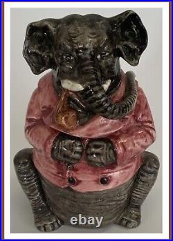 Antique Majolica Elephant Figural Tobacco Jar Humidor 19th Century-RARE