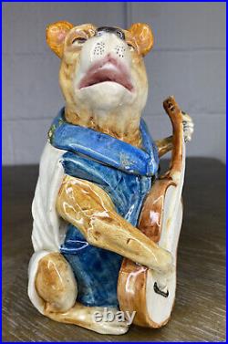 Antique Majolica Humidor Dog Guitar Figural 1800s RARE Tobacco Jar