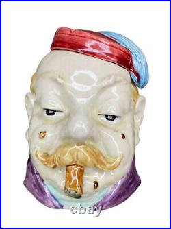 Antique Majolica Humidor Tobacco Jar Man Figural Hat Tassel Fez Moustache 1880